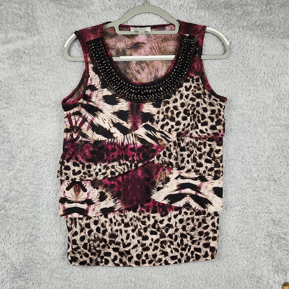 Vintage Dressbarn Tank Top Womens Medium Multicolor Animal Print Beaded Ruffle